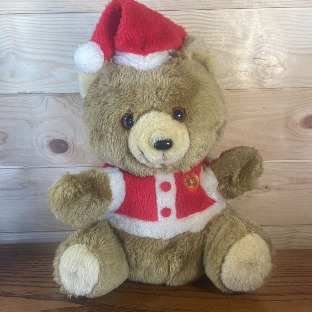 Vintage 1985 Musical Santa Teddy Bear Plush with Pulsating Light Up Heart WORKS